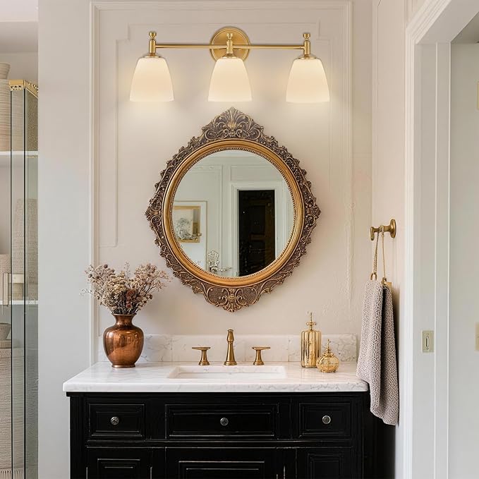 Vintage Bathroom Vanity Light Fixture, 3-Light Bathroom Lighting Fixtures Over Mirror, Antique Brass Finish with Frosted Milk Glass Shade, Wall Sconces Lighting for Bedroom, Living Room, Hallway, Sink