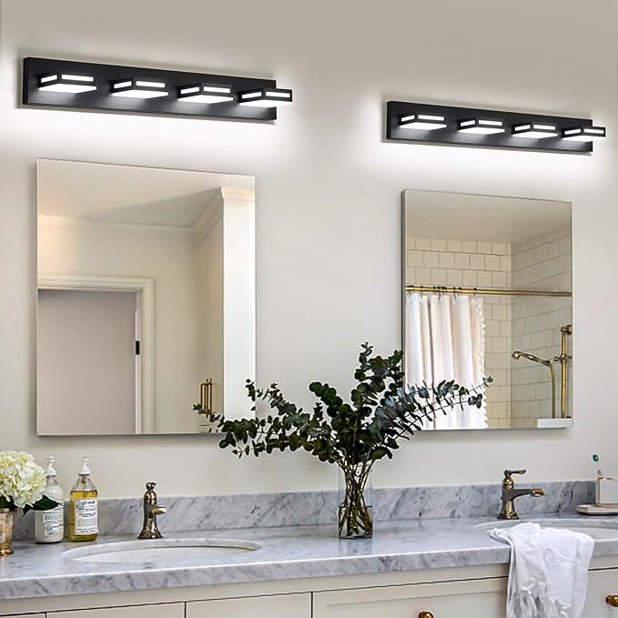 LED Modern Bathroom Light Fixtures, 4-Light 30-Inch Matte Black Vanity Lights for Bathroom Lighting Fixtures Over Mirror, 6000K Cool White 350° Rotatable Wall Lamp