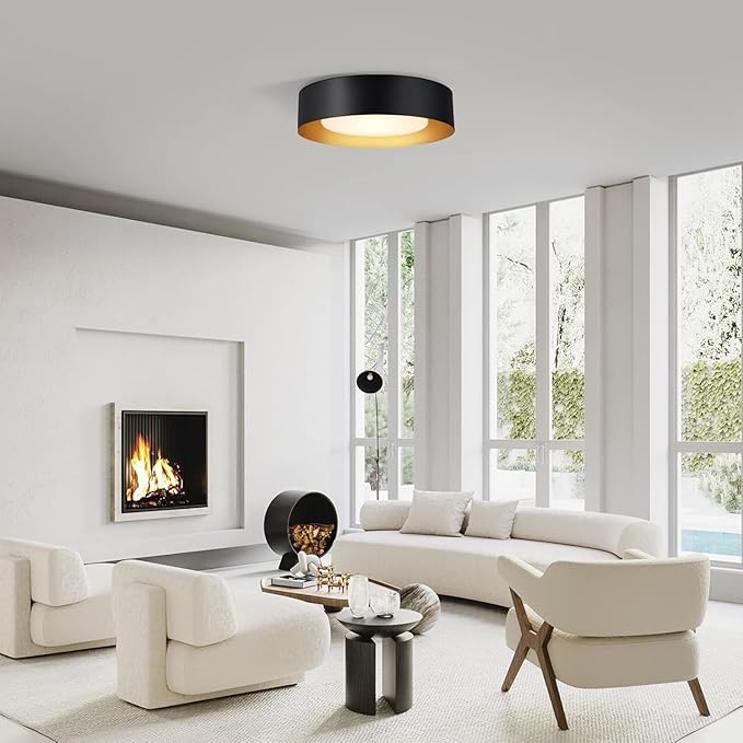 Vikaey Modern Flush Mount Ceiling Light, 3-Light Minimalist Round Close to Ceiling Light Fixture, Black and Gold Drum Ceiling Lamp with Glass Lampshade for Bedroom, Living Room, Kitchen, 16.5in