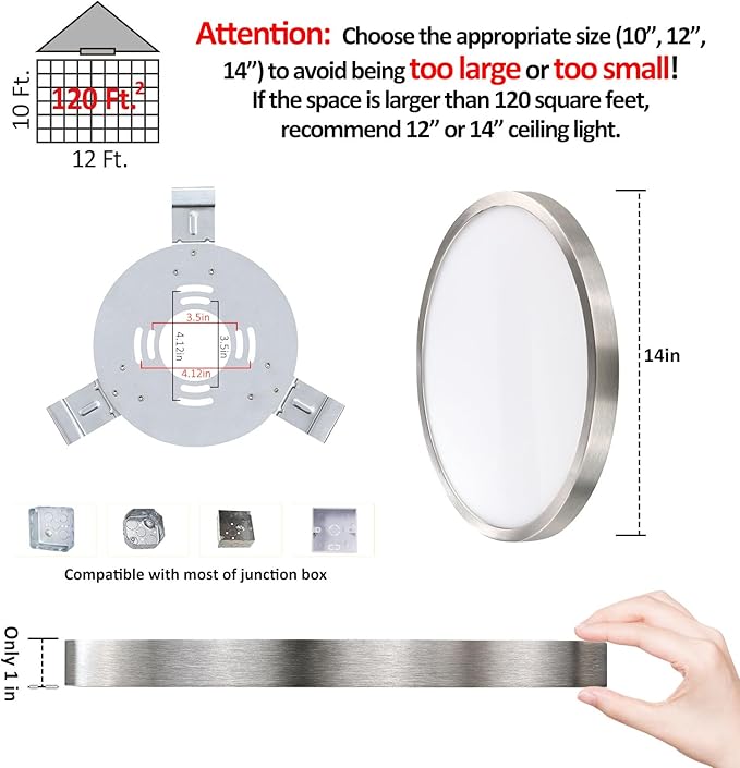 Flush Mount Ceiling Light Fixture, 14 Inch LED Modern Kitchen Light, Slim Dimmable Brushed Nickel Flush Mount Light for Low Ceiling, Laundry, Hallway, Metal and Glass Lighting, 26W, 3000K