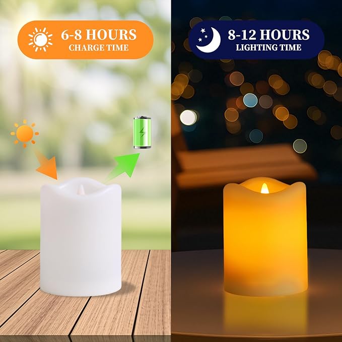 Solar Candles Outdoor Waterproof 2 Pack, 3"x4" Flickering Flameless Solar Pillar Candle Lights, Dusk to Dawn Warm Amber Solar Candles for Lanterns, Garden, Patio, Porch, Backyard Decor, Memorial Gifts