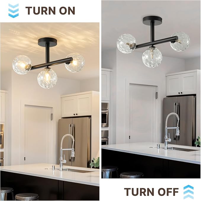 Modern Globe Glass Ceiling Light: 13 Inch Sputnik Semi Flush Mount Light with Hammered Clear Glass Shade - 3 Lights Black Ceiling Lighting Fixture - Dimmable Linear Chandelier for Bedroom Living Room