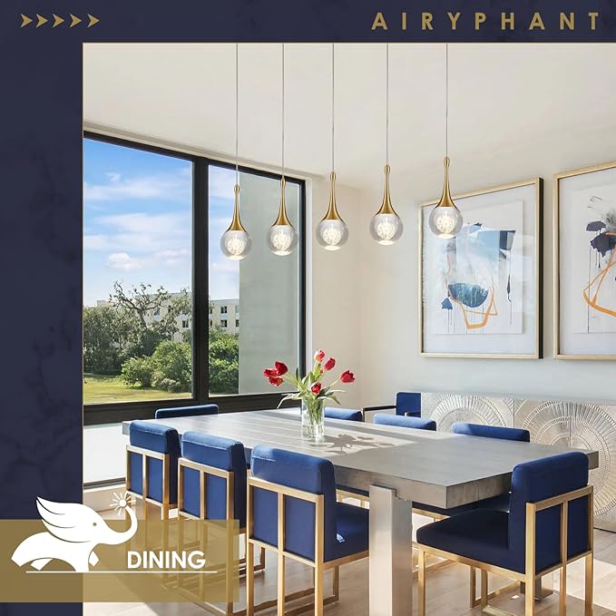 5 Lights Rectangular Gold Crystal Pendant Lights for Kitchen Island Remote Control Dimmable Light Modern Teardrop Chandeliers Lighting Fixtures for Dining Room Living Room