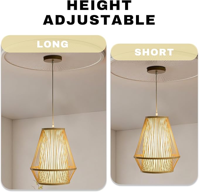 Boho Rattan Pendant Light, 12" Handwoven Bamboo Wicker Basket Shade Pendant Light Fixture, Natural Rustic Farmhouse Chandelier for Kitchen Island, Dining Room, Bedroom