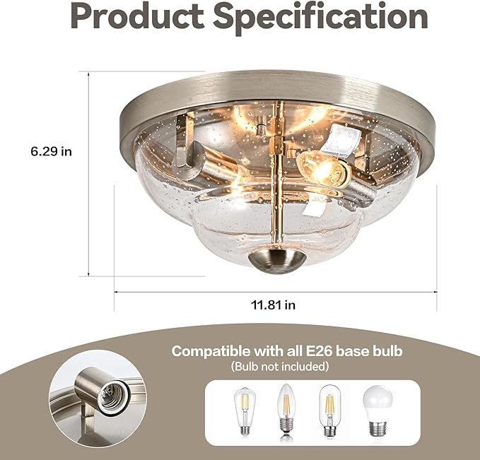 Flush Mount Ceiling Light Fixtures, 2-Light Ceiling Mount for Farmhouse with Seeded Glass Lampshade, Industrial Flush Mount Light Fixture Farmhouse for Hallway, Kitchen, Entryway,Bedroom