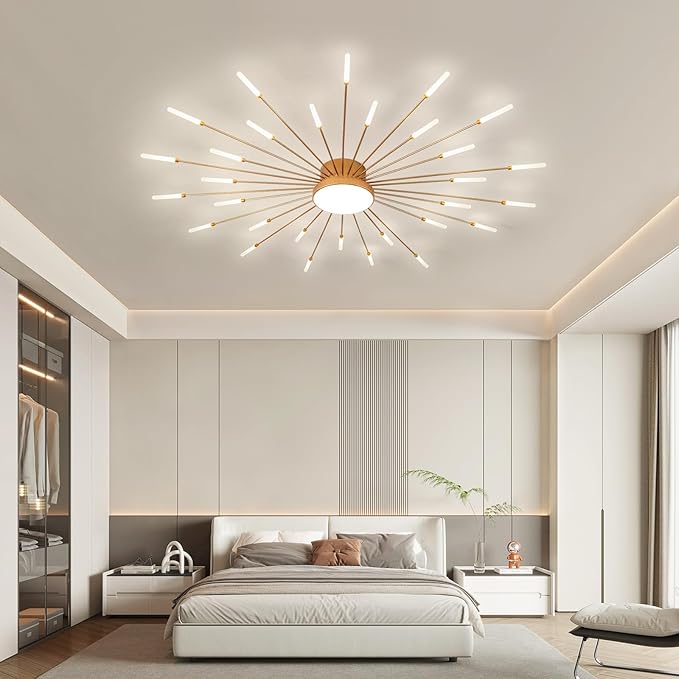 JAYMP 50.4" Ceiling Light Modern Flower Shape Ceiling Lamp for Living Room Dining Room Flush Mount Metal Acrylic Sputnik Firework Petal LED Lighting Fixture (Matte Gold, 30+1 Lights)