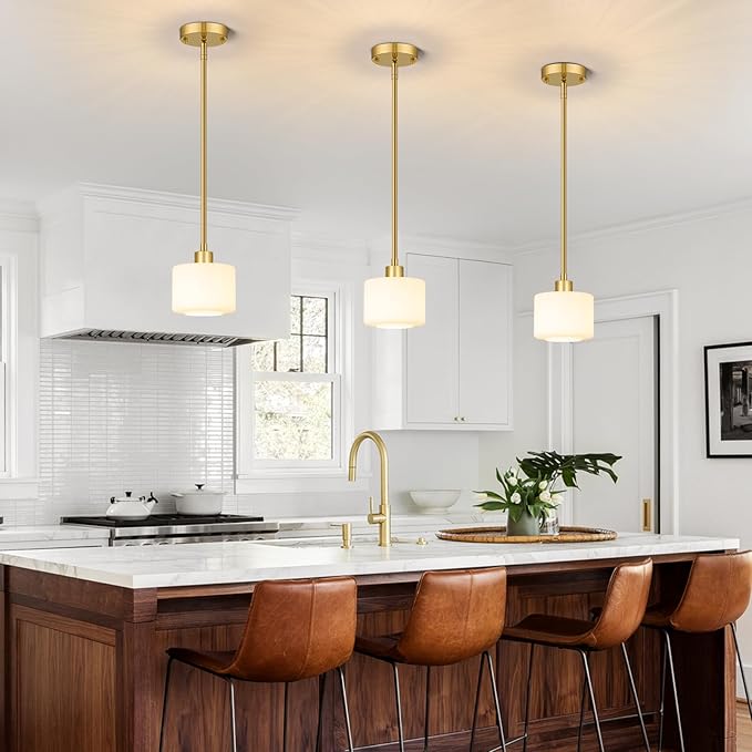 Brushed Gold Pendant Lights Kitchen Island 2 Pack, Modern Milk Glass Hanging Light Fixtures with Rods, Mini Kitchen Pendant Lighting Over Island for Sink Bathroom, OS-YQ8153-2PBG