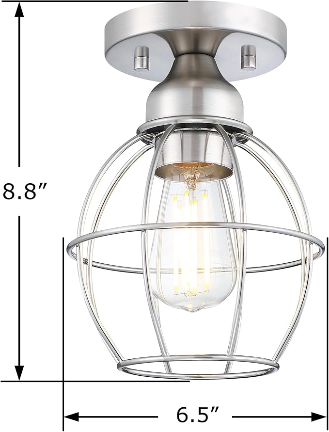 Farmhouse Ceiling Light Fixture, Vintage Semi Flush Mount Ceiling Light, Small Metal Cage Lighting Lamp for Hallway Entryway Kitchen Porch, Nickel Finish, 1-Pack