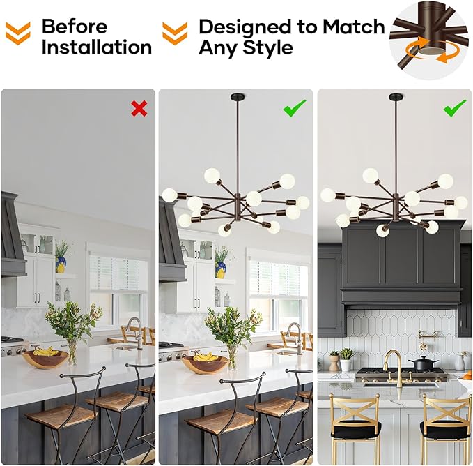 Sputnik Chandeliers Dining Room Light Fixture (12-Light, 33-Inch), Modern Brown and Gold Chandelier, Height Adjustable Mid Century Modern Chandeliers for Dining Room Kitchen (Bulbs Not Included)