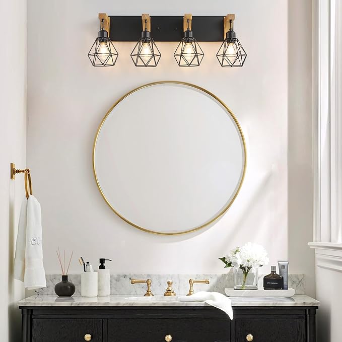 maesta 4-Light Farmhouse Bathroom Vanity Light Fixtures, Wood Bathroom Light Over Mirror, Rustic Sconces Wall Lighting with Elegant Metal Lampshade for Living Room, Bedroom, Hallway