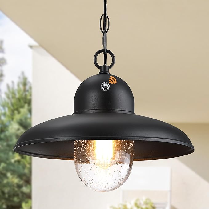 Dusk to Dawn Outdoor Pendant Lights for Porch 12", Outdoor Farmhouse Hanging Light Fixture with Adjustable Chain and Bubble Glass, Black Rustic Exterior Pendant Light for Front Door, Gazebo