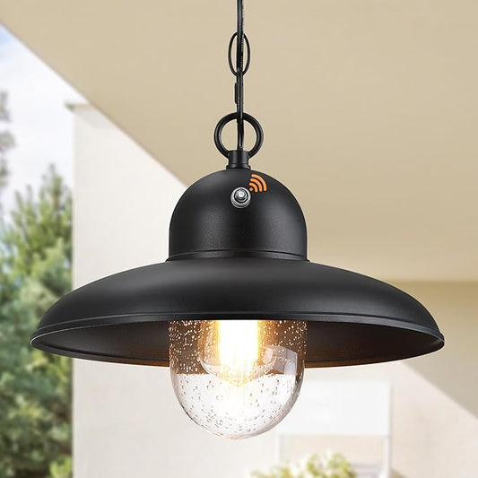 Dusk to Dawn Outdoor Pendant Lights for Porch 12", Outdoor Farmhouse Hanging Light Fixture with Adjustable Chain and Bubble Glass, Black Rustic Exterior Pendant Light for Front Door, Gazebo