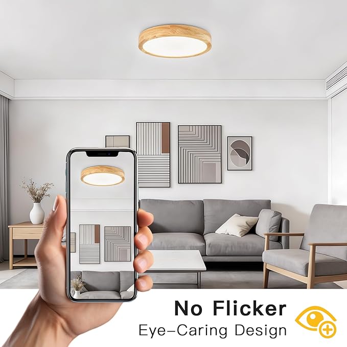 Modern Flush Mount Ceiling Light, LED Ceiling Light for Bedroom, Wood Light Fixture Warm White 4500K Not Dimmable, Round Flat Ceiling Lamp for Hallway, Kid's Room, Living Room, (Wood, 11.8")