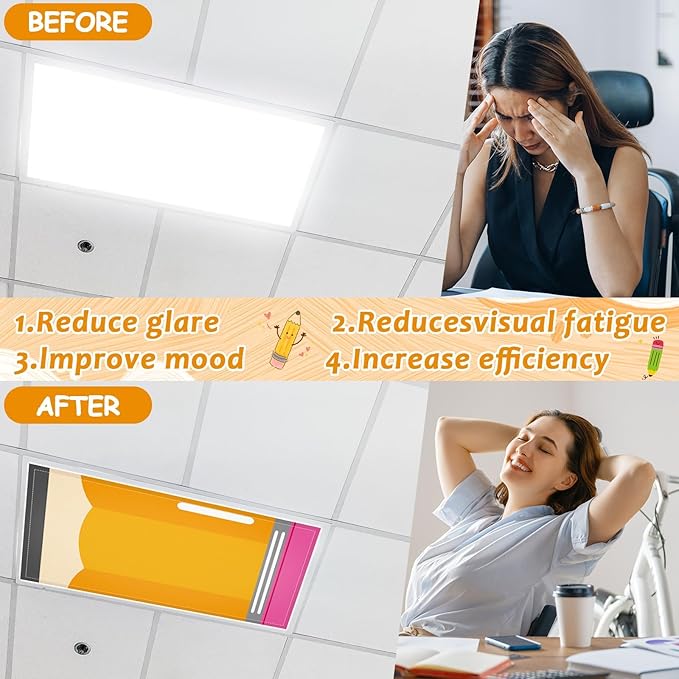 Wiooffen 6 Pcs Fluorescent Light Covers with 60 Magnets Decorative for Classroom Ceiling Lights 4 x 2 Feet Magnetic Light Cover Filter Easy Install for Office Hospital Home Ceiling Supplies (Pencil)