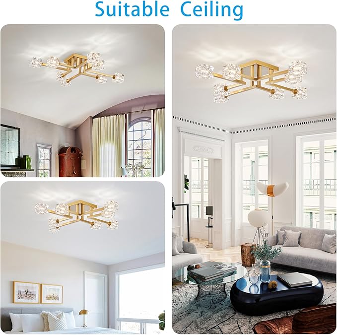 XINGQI Gold Modern Sputnik Chandelier Farmhouse Ceiling 8 Lights Industry Semi Flush Mount Ceiling Light Fixture, Mid Century for Dining Room, Farmhouse Kitchen, Bedroom, Office