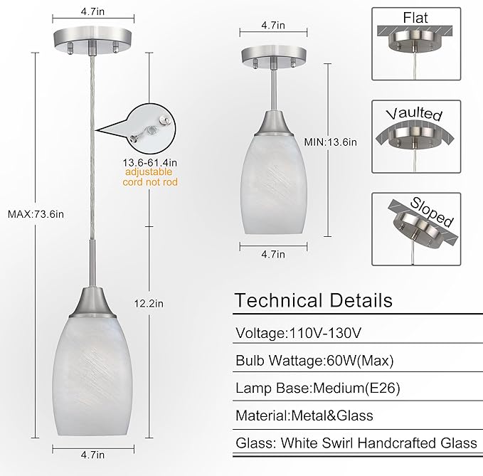 Viinew Mini Glass Pendant Light 4.72" White Swirl Pendant Lights 3-Pack Handblown White Art Oval Glass Hanging Pendant Light for Kitchen Island Dining Room Living Foyer Hallway Entry