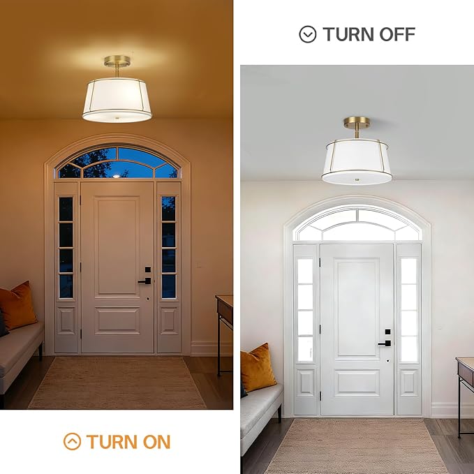 13'' Semi Flush Mount Ceiling Light Fixture, 3-Light Gold Light Fixtures Ceiling Mount with White Drum Fabric Shade,Modern Close to Ceiling Light for Bedroom Dining Room Kitchen Hallway (Adjustable)