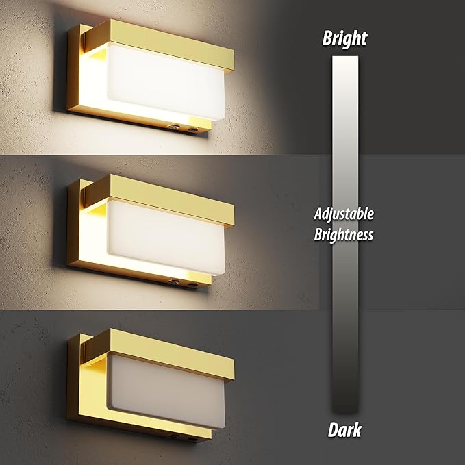 Battery Wall Sconce Gold Wall Light with On/Off Switch 8 inch LED Wall Lamp Acrylic Lampshade 3CCT Sconce Wall Lighting