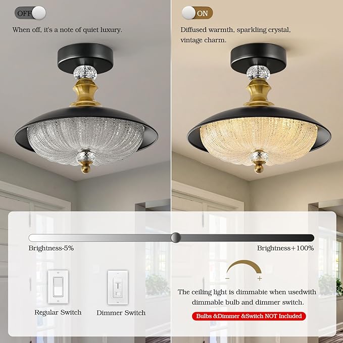 Vintage Semi Flush Mount Ceiling Light 12inch Mid Century Crystal Glass Black Gold Circle Ceiling Light Fixture,5-Light Design, for Bedroom Kitchen Dining Room Hallway Entryway Cloak Room
