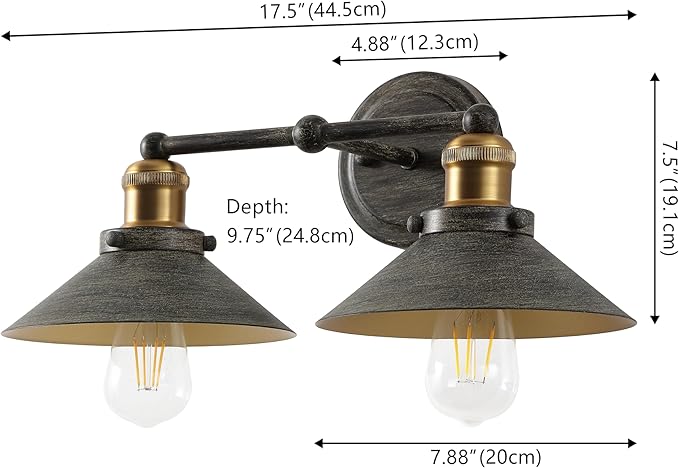 JONATHAN Y 17.5" Rustic Dark Gray/Brass Gold 2-Light Industrial Farmhouse Metal Vanity Light Wall Sconce, Metal Shade for Bathroom Mirror, Kitchen, Entryway, LED Bulb Included (JYL7427D)