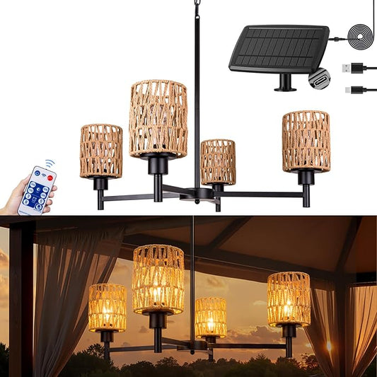 Outdoor Solar Chandelier, 4-Light 28" Hanging Pendant Lights, Rattan Waterproof Dimmable, Outdoor Chandelier for Gazebo, Pergola, Porch, Patio