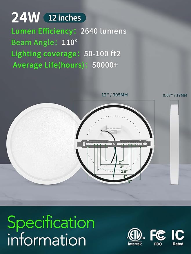 zouzai 3rd Gen Fireproof LED Flush Mount Ceiling Light, Dimmable 5CCT 2700K-6000K, 12 Inch 24W Ultra-Thin Round Lighting Fixture for Bedroom, lving Room, Bathroom, Kitchen, ETL Listed(12 inch 1 Pack)