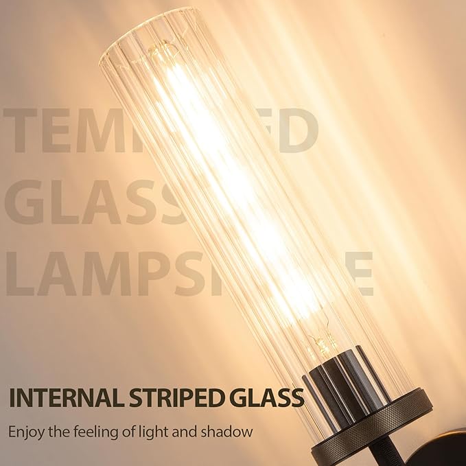 19.5" Knurled Brass Wall Sconce with Vertical Striped Glass Tube, Black Gold Bathroom Vanity Light Fixtures, Modern Lamp Lighting for Bedroom, Living Room, Hallway, Staircase, Mirror, Kitchen