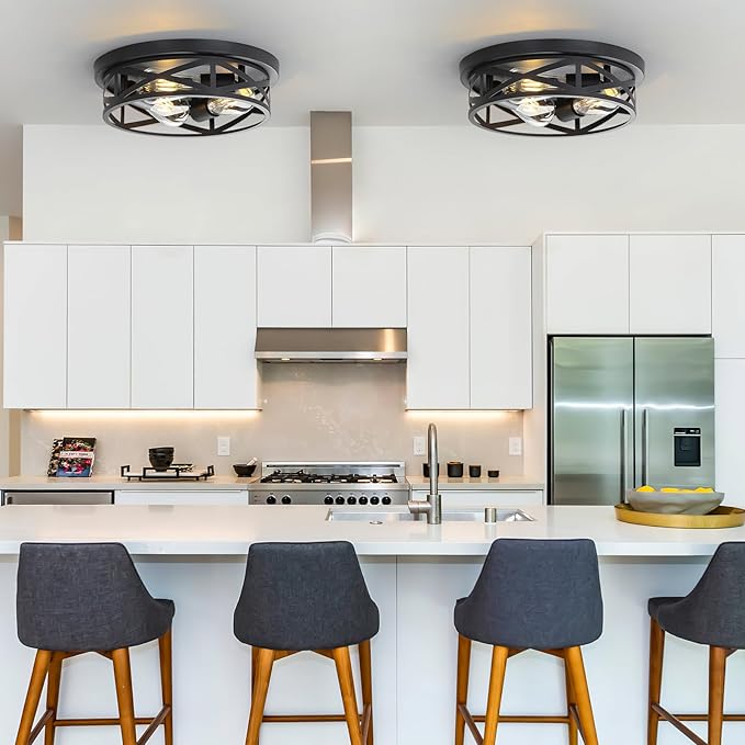 13 Inch Close to Ceiling Light Fixtures 2 Pack, 3-Lights Farmhouse Flush Mount Ceiling Light, Black Indoor Metal Cage Semi Flush Mount Ceiling Light for House Hallway Kitchen Bedroom