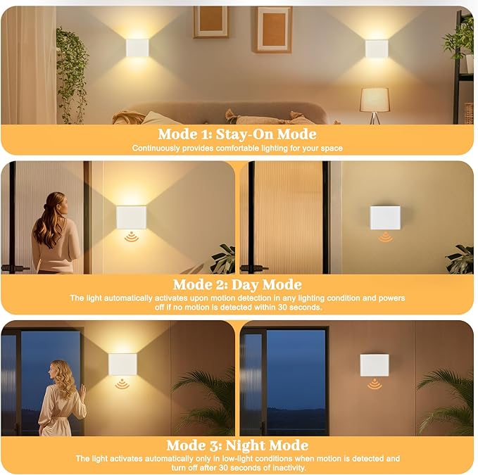 Yochoice Motion Sensor Wall Light Indoor Set of 2, 6000mAh Wireless Rechargeable Battery Operated LED Sconce Up Down with Touch Remote Control, Battery Powered Magnetic Wall Lamps with 3CCT, White