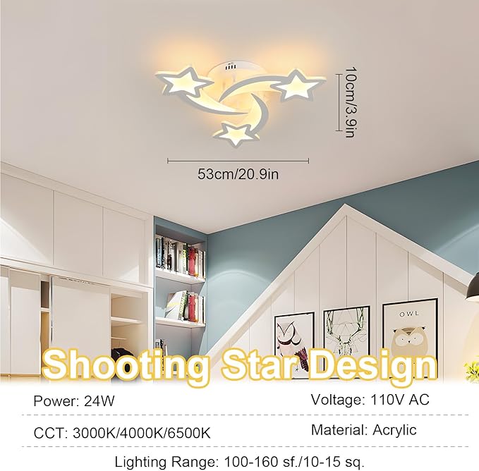 3 Lights Star LED Modern Ceiling Light, 21" 24W Flush Mount Ceiling Light Fixture, 3 CCT(3000K/4500K/6500K) via Wall Switch Ceiling Lamp for Bedroom Living Room KidsRoom Playroom