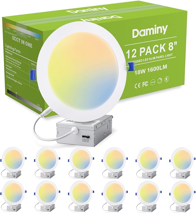 DAMINY 12 Pack 8 Inch LED Recessed Lighting with Junction Box,5CCT,Ultra-Thin Recessed Light,18W 1600lm, Dimmable Canless Wafer Ceiling Light, High Brightness