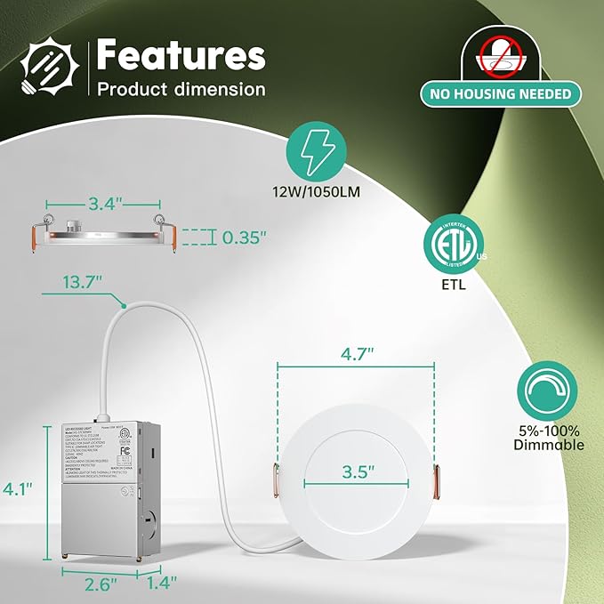 12 Pack 4 Inch 5CCT Ultra-Thin LED Recessed Ceiling Light with Junction Box, 2700K/3000K/3500K/4000K/5000K Selectable, 700LM Brightness, Dimmable Canless Wafer Downlight, 10WEqv90W, ETL&FCC