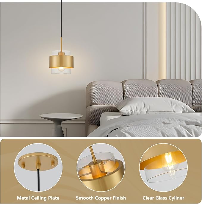 7" Modern Pendant Lights Kitchen Island, Gold Mini Pendant Light Fixtures with Clear Glass Shade, Adjustable Hanging Light Fixtures for Kitchen Island Restaurant Hallway,2 Pack