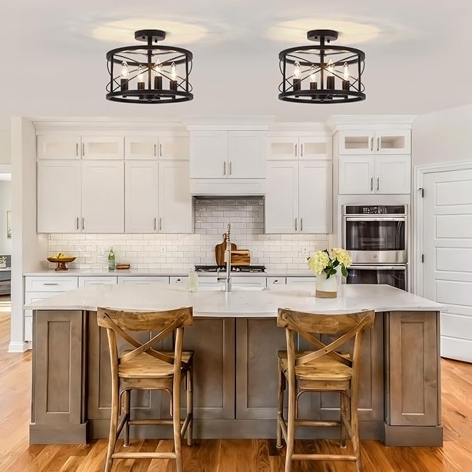 Black Semi Flush Mount Ceiling Light, 4-Light Farmhouse Modern Ceiling Light Fixture, Hallway Light Fixtures, Kitchen Lights, Ceiling Lamp for Entryway Bedroom Laundry Dining Room Lighting Fixtures