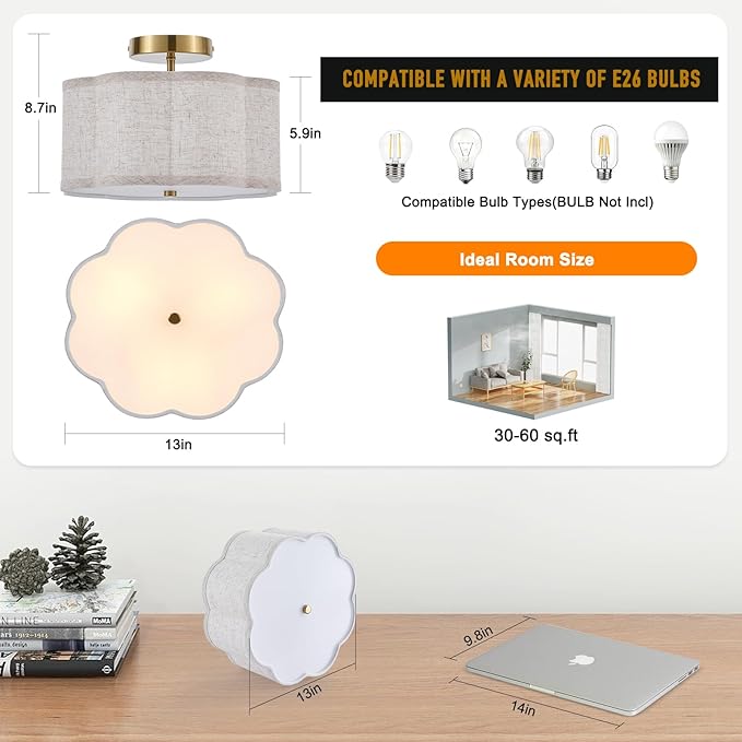 12.89" Semi Flush Mount Ceiling Light Modern 3-Lights Gold Drum Ceiling Light Fixture with Fabric Linen Shade, Vintage Modern Ceiling Lighting for Laundry Room, Kitchen, Basement, Bedroom