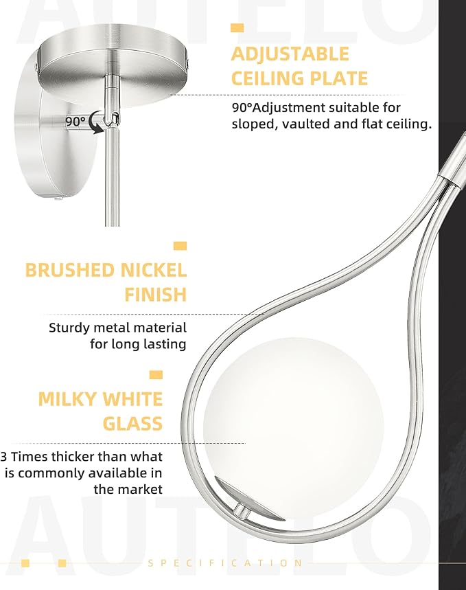 AUTELO Modern Pendant Lights Kitchen Island, 1-Light Pendant Lights in Brushed Nickel Finish with Milky White Globe Glass, Nickel Pendant Light Fixtures, Hanging Lamp for Kitchen Island H9377 MGST