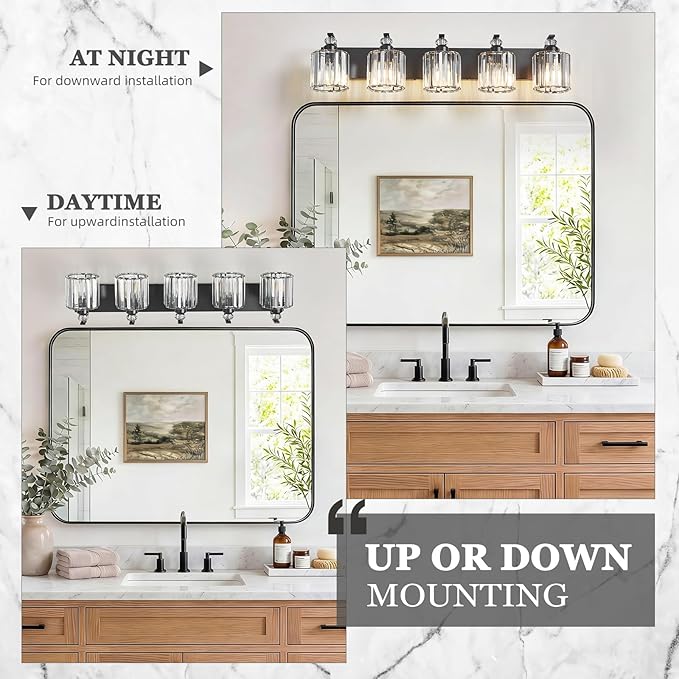5-Light Black Bathroom Light Fixture Modern Vanity Lights Over Mirror Vintage Wall Sconce Lighting for Bathroom, Bedroom, Living Room, Hallway E26 Base with Crystal Bathroom Vanity Light