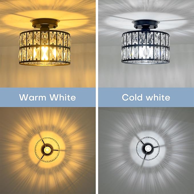9 Inch Crystal Ceiling Light with Dimmable Options, Modern Flush Mount Chandelier for Low Ceiling, Crystal Light Fixture for Kitchen, Bedroom, Bathroom, Entryway, Hallway, Closet (Black)