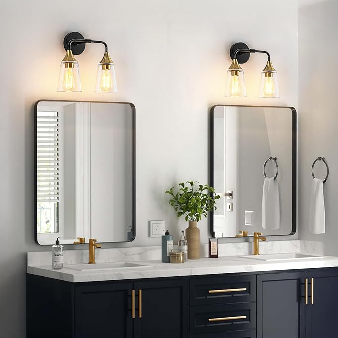 2-Light Bathroom Vanity Light, Black and Gold Bathroom Lighting Fixtures Over Mirror with Clear Glass Shades, Modern Hardwired Wall Sconce Light for Bedroom Hallway