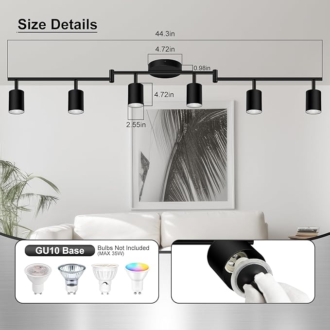 AUQUEE 6 Light Track Lighting Fixtures Ceiling, Matte Black Kichen Track Lighting Fixtures with Rotatable Light Heads, Foldable Lamp Arms, Modern LED Track Lights for Kitchen/Hallway, No GU10 Bulb