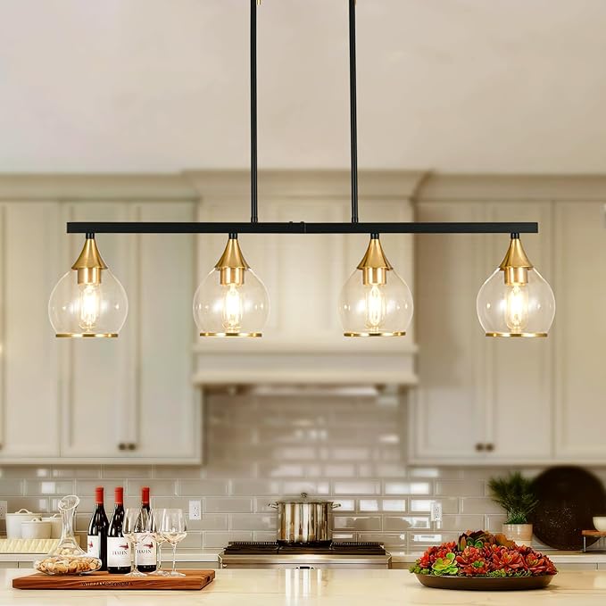 Island Light for Kitchen, 4-Light Kitchen Island Chandeliers Black and Gold Linear Hanging Pendant Light, Matte Black Farmhouse Dining Room Light Fixture Over Table with Clear Round Glass Shades