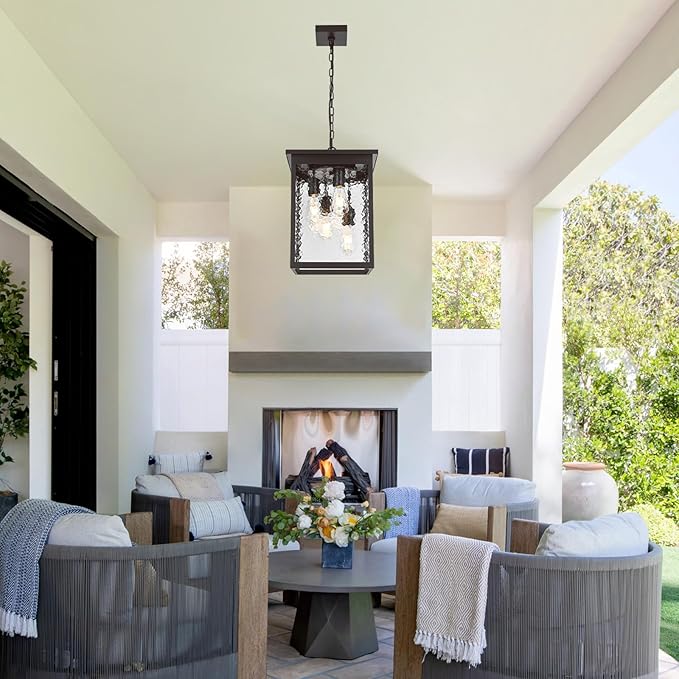 16.7'' Large Outdoor Pendant Light, 4-Lights Black and Brushed Brass Exterior Hanging Porch Chandelier Lantern with Hammer Glass, Outdoor Ceiling Light Fixture for Entryway Gazebo Patio
