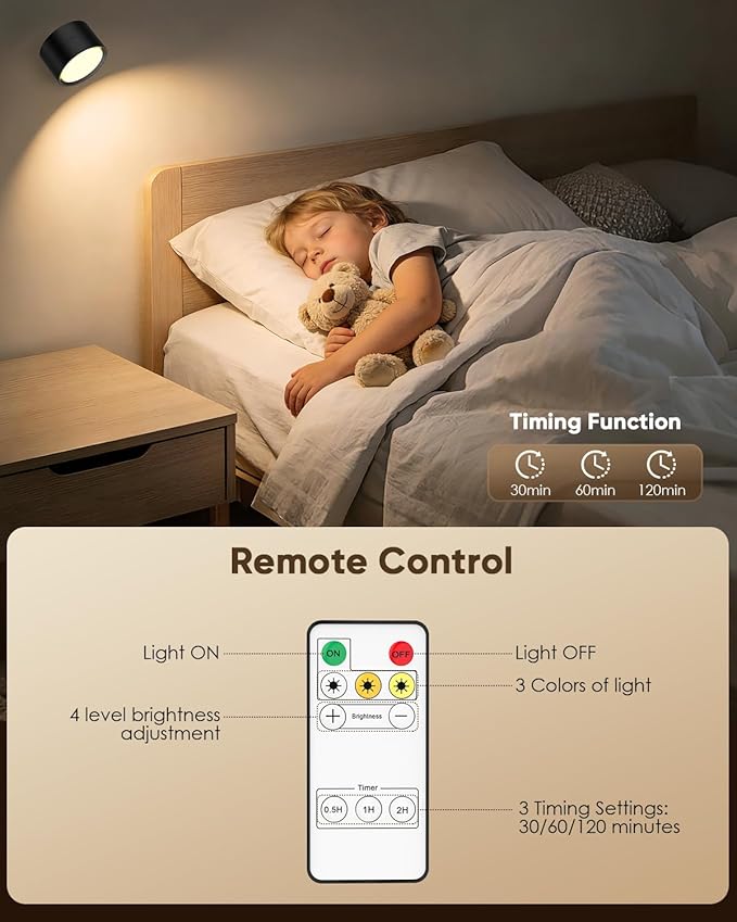 LED Wall Mounted Lights 2 Pcs with Remote, Rechargeable Wall Sconce with 3 Color Temps & Dimmable Magnetic 360° Rotation Cordless Light for Bedroom Reading Bedside (Black, 1 Pack)