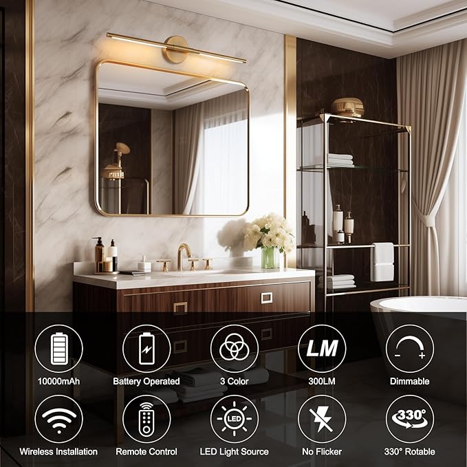 Wireless Battery Operated Wall Sconces with Remote, Gold Rechargeable Led Wall Lights Set of Two, Cordless Dimmable Battery Powered Wall Lamp Decor for Bedroom Living Room, 3 Color, 32 Inch