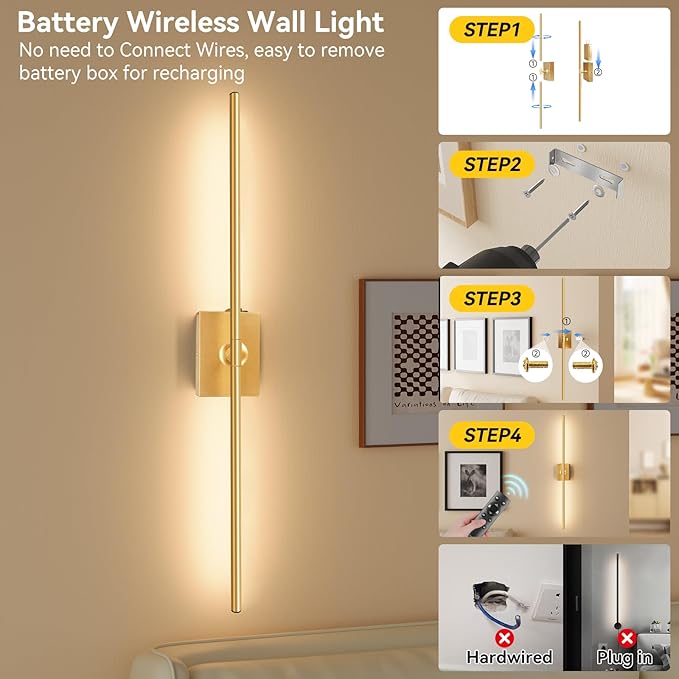 Ouyulong Battery Operated Wall Sconces Set of 2, 10000mAh Wireless Rechargeable 3000-6000K Dimmable 350° Rotate Wall Light with Remote for Living Room, Bedroom 27.6in Gold
