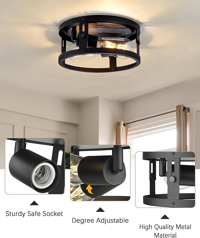 2 Pack Industrial Flush Mount Ceiling Light, 2-Light Black Metal Cage Ceiling Light Fixtures, Farmhouse Adjustable Ceiling Light for Hallway Kitchen Bedroom Entryway