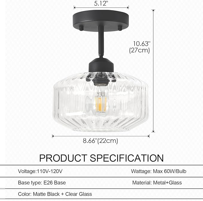 TeHenoo Modern Sloped Ceiling Light, Ribbed Clear Glass Flush Mount for Entryway, Hallway,Vaulted Ceiling,Matte Black