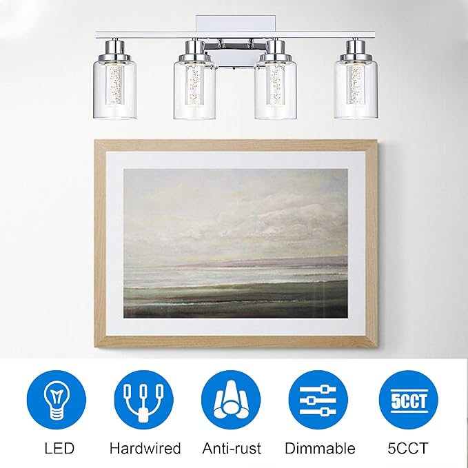 MELUCEE 5 Color Dimmable LED Bathroom Light Fixtures 4 Light Chrome Vanity Lights Bathroom Lights Over Mirror Wall Light Fixtures with Crystal Bubble Clear Glass Shade, Built-in LED Chips