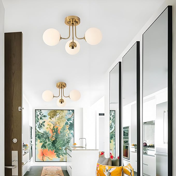 Modern Semi Flush Mount Ceiling Light 3-Light,Globe White Glass Shade Semi Flush Mount Ceiling Light, Sputnik Chandeliers for Bedroom Hallway Dining Room Lighting Fixture