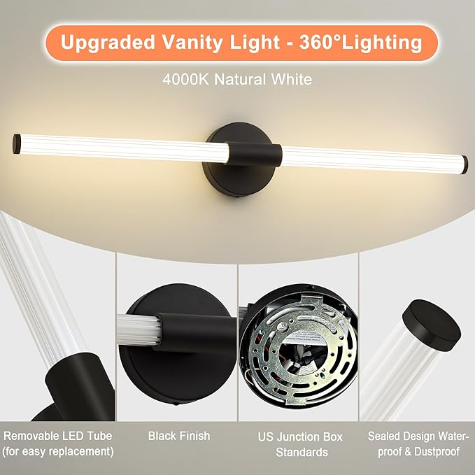 Dimmable LED Bathroom Vanity Lights 360° Full Lighting Bathroom Light Fixtures Over Mirror Vanity Light Bar Modern Wall Sconce 4000K Light for Bedroom Living Room Hardwired Black, 31 inch